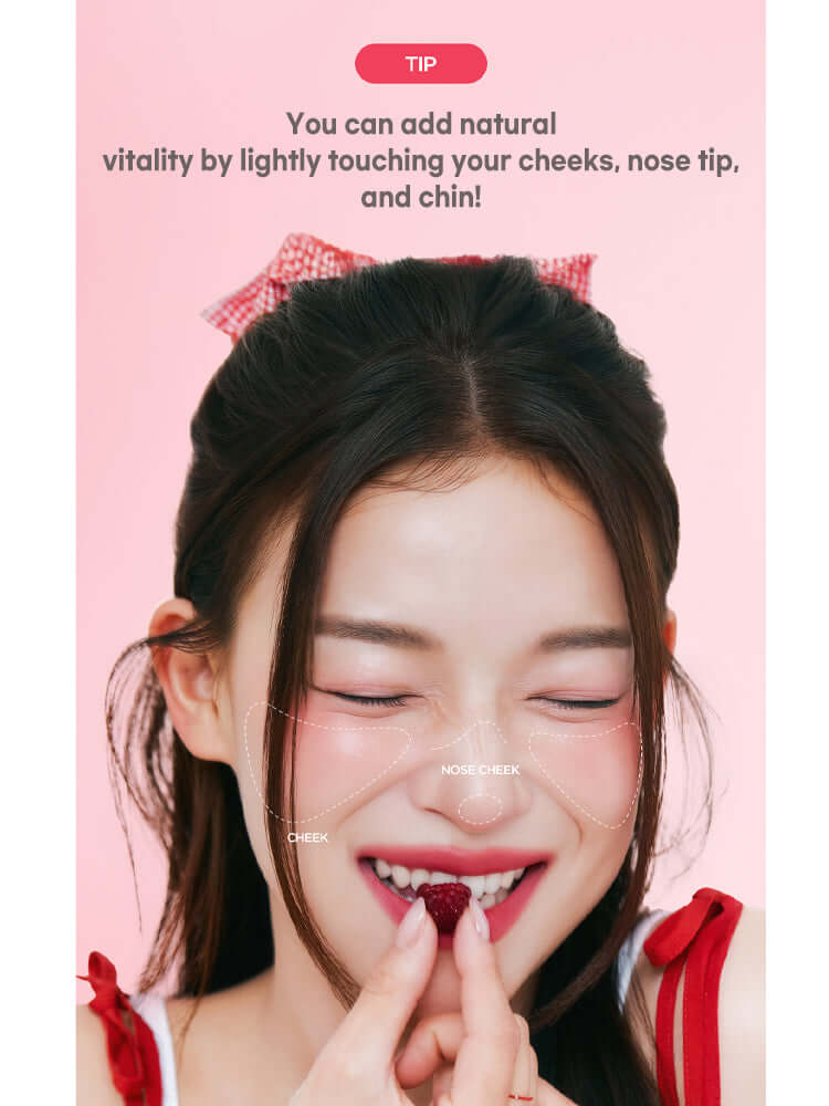 LILYBYRED Luv Beam Cheek Balm application tips on cheeks, nose tip, and chin with model smiling and showing natural glow.