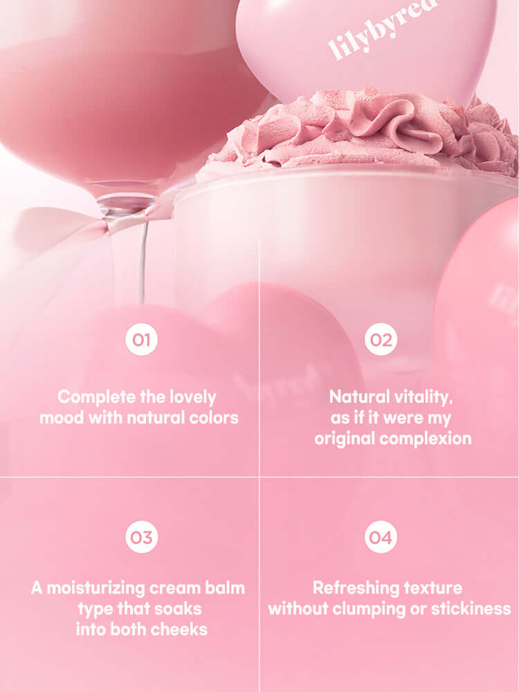 LILYBYRED Luv Beam Cheek Balm packaging with text describing natural colors, vitality, moisturizing balm, and refreshing texture.