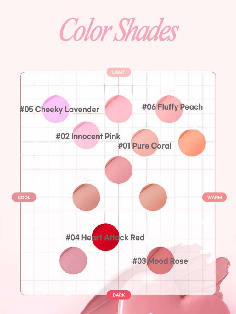 LILYBYRED Luv Beam Cheek Balm color shades chart displaying various vibrant hues like Cheeky Lavender and Heart Attack Red.