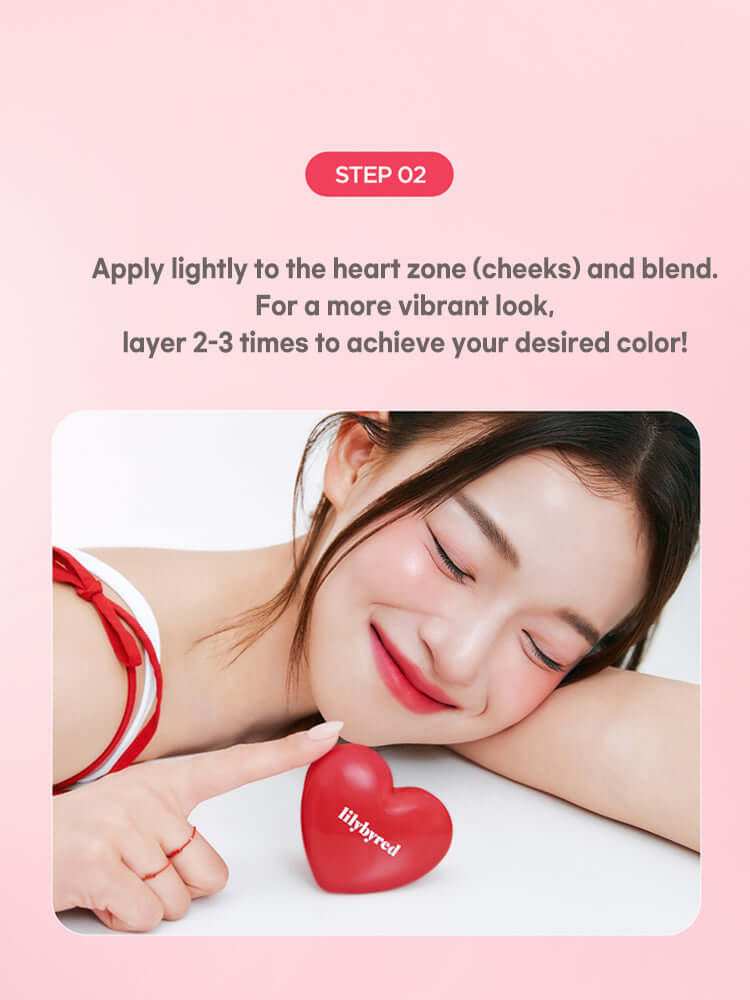 Application guide for LILYBYRED Luv Beam Cheek Balm with step-by-step instructions for a radiant cheek look.