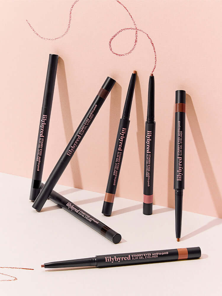 LILYBYRED Starry Eyes Am9 To Pm9 Slim Gel Eyeliner 0.14g displayed in a group on a pastel background.