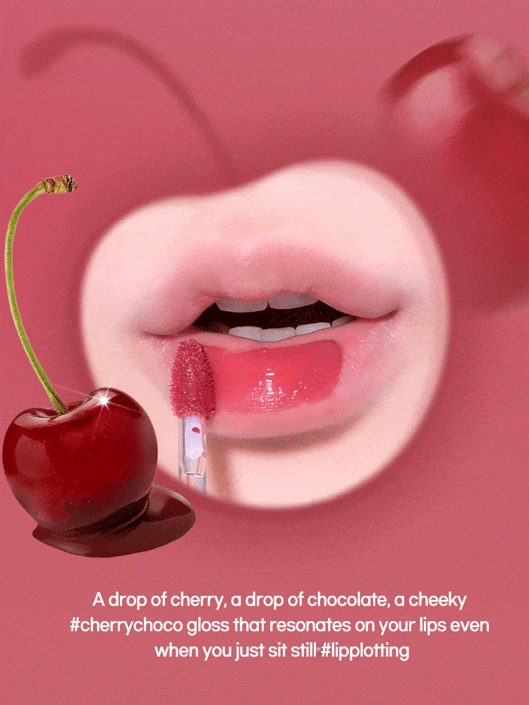 LILYBYRED Bloody Liar Coating Tint 4g applied to lips with cherry and chocolate background, showcasing soft shine.