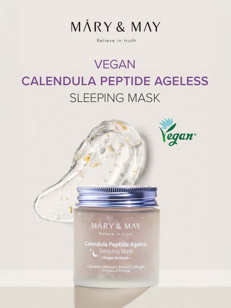 MARY&MAY Calendula Peptide Ageless Sleeping Mask with vegan formula and gel texture for overnight moisture care.
