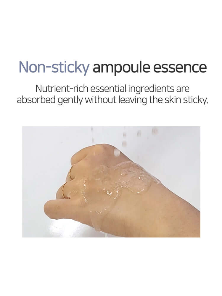 Hand applying non-sticky ampoule essence, nutrient-rich formula absorbs gently without sticky residue.