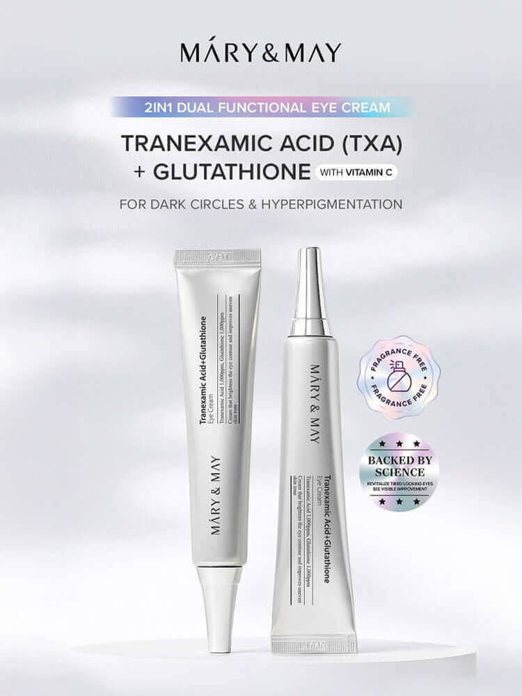 MARY&MAY Glutathione Eye Cream Special Set featuring tranexamic acid for dark circles and hyperpigmentation.