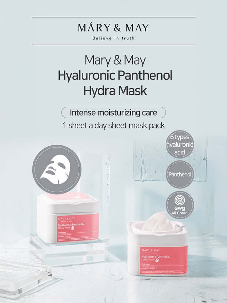 MARY&MAY Hyaluronic Panthenol Hydra Mask 400g 30EA, intense moisturizing care, 1 sheet a day mask pack