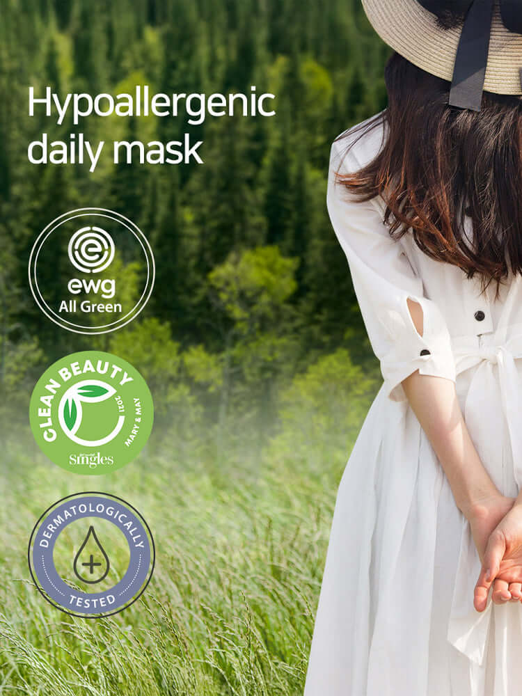 Hypoallergenic daily mask with EWG All Green, Clean Beauty, and Dermatologically Tested certifications.