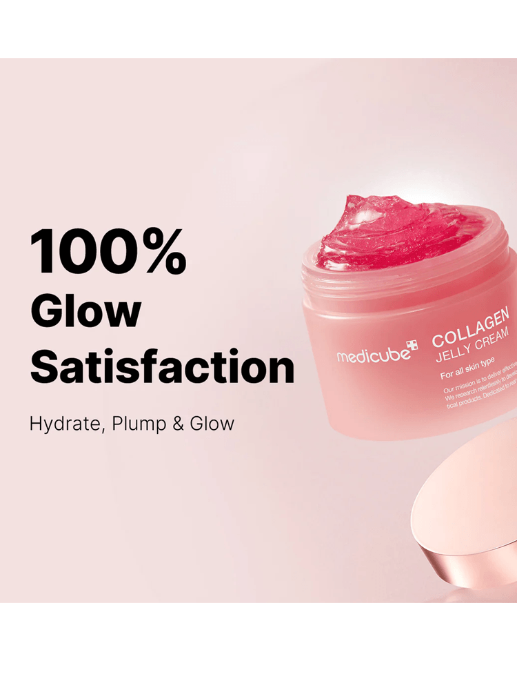 MEDICUBE Collagen Jelly Cream 50ml showing bouncy, glass glow texture for hydration and plump skin.