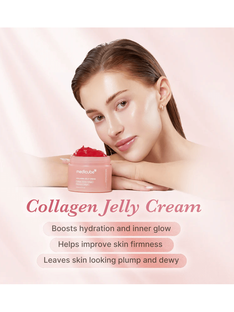 MEDICUBE Collagen Jelly Cream displayed with benefits for hydration, firmness, and glowing skin.