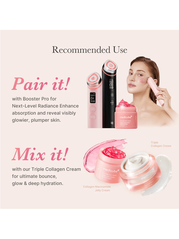 Recommended use of MEDICUBE Collagen Jelly Cream with skincare tools for bright, plump skin.