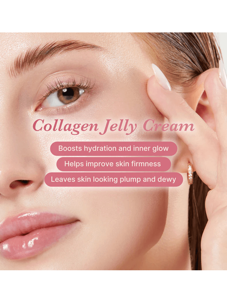 Young woman showcasing glowing skin after using MEDICUBE Collagen Jelly Cream, promoting hydration and firmness.