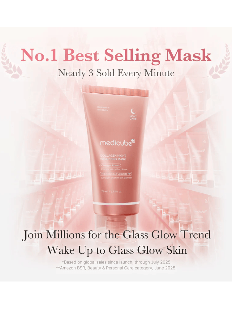 MEDICUBE Collagen Night Wrapping Mask packaging with promotional text, featuring a pink backdrop and glowing skin trend.