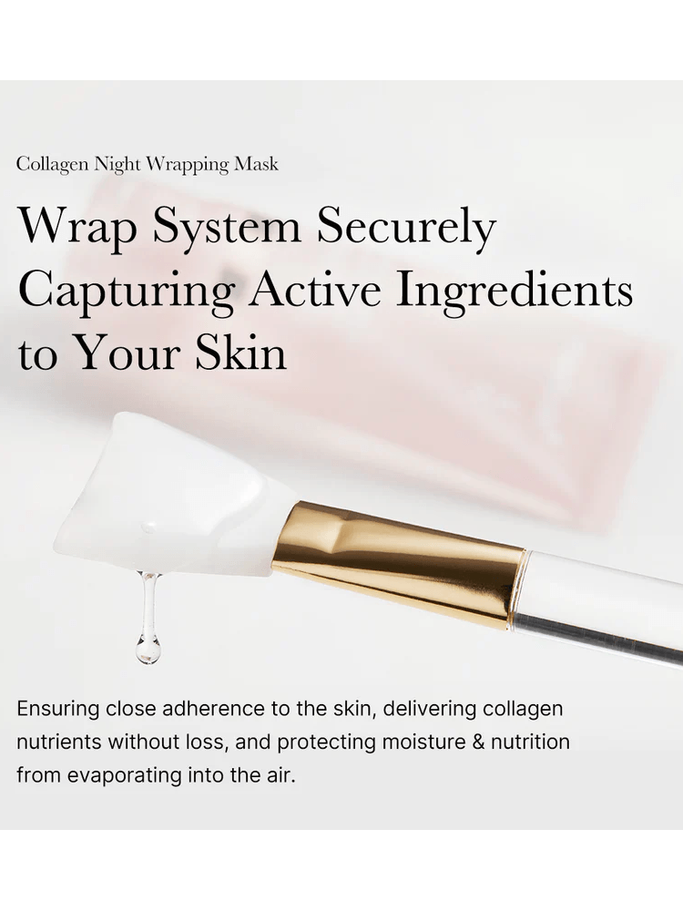 MEDICUBE Collagen Night Wrapping Mask application tool capturing active ingredients for skin hydration.