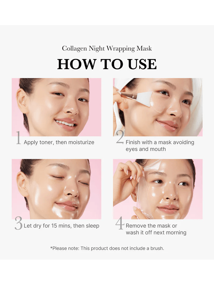 How to use MEDICUBE Collagen Night Wrapping Mask with step-by-step application instructions and visuals.