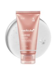 MEDICUBE Collagen Night Wrapping Mask 75ml packaging on a gel background showcasing nighttime skin care benefits.