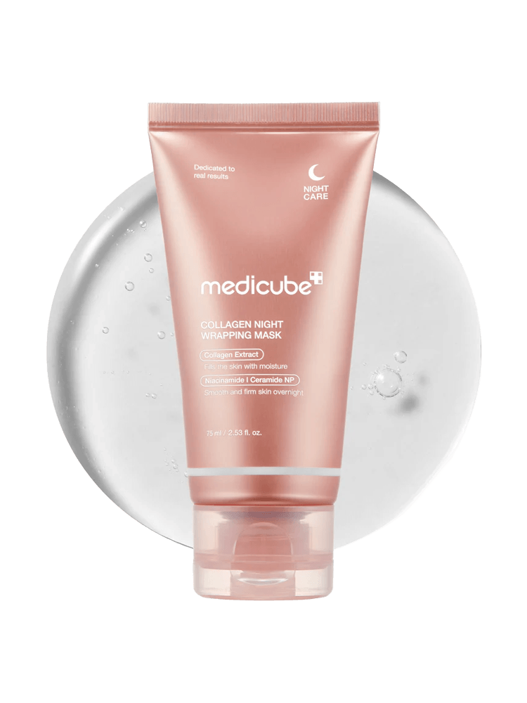 MEDICUBE Collagen Night Wrapping Mask 75ml packaging on a gel background showcasing nighttime skin care benefits.