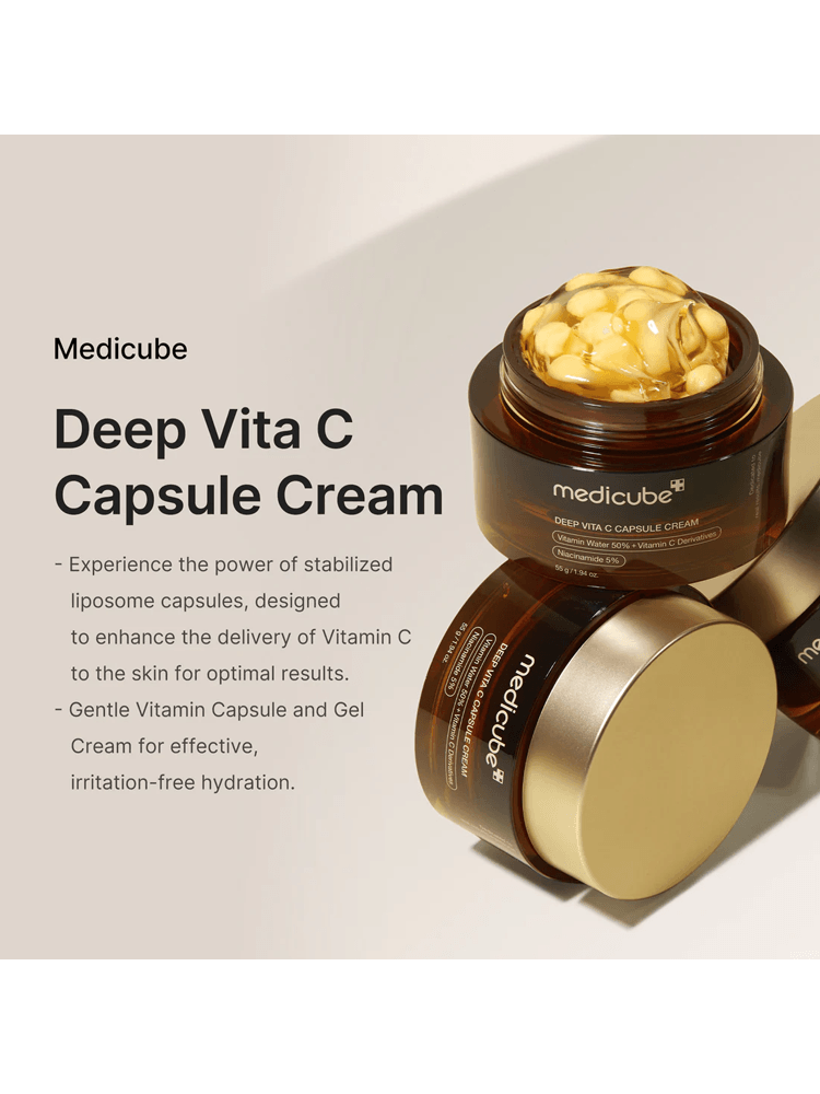 MEDICUBE Deep Vita C Capsule Cream in jars showcasing vitamin capsules for effective hydration.