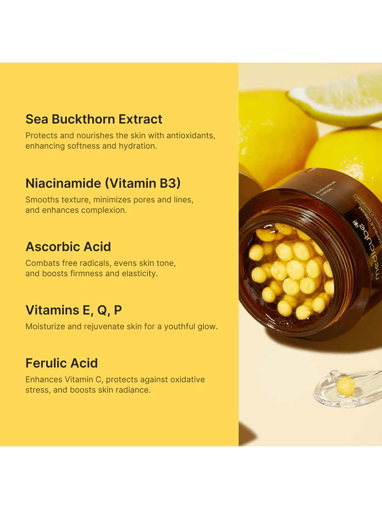 MEDICUBE Deep Vita C Capsule Cream featuring ingredients like Sea Buckthorn, Niacinamide, and Ascorbic Acid.