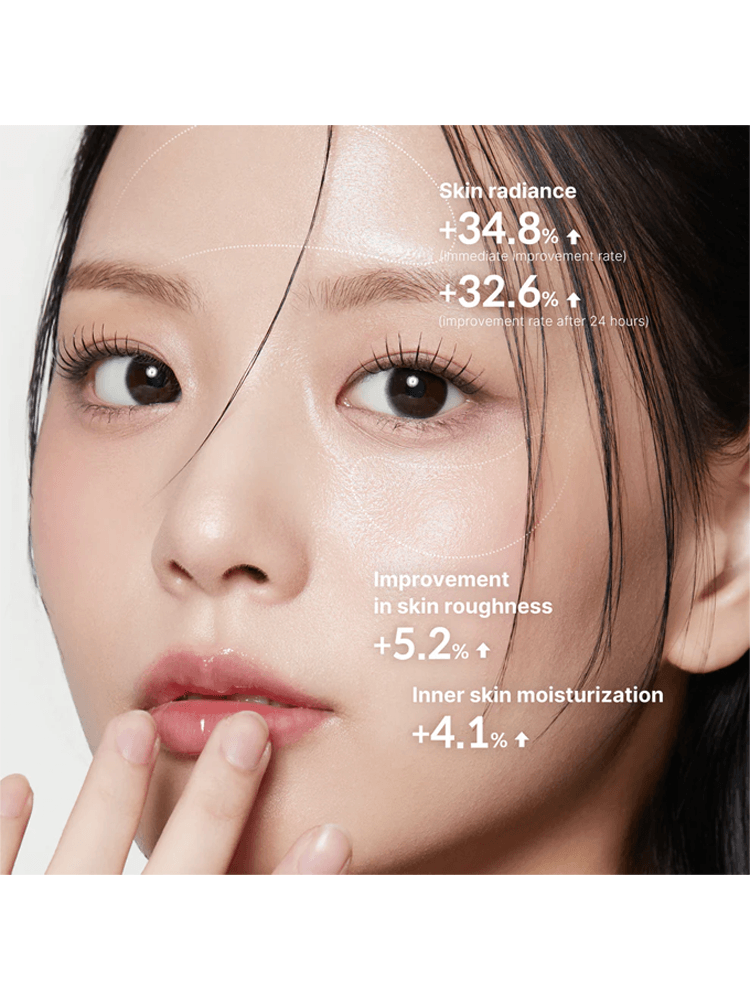 Close-up image of a model showcasing skin radiance improvements after using MEDICUBE Deep Vita C Capsule Cream.