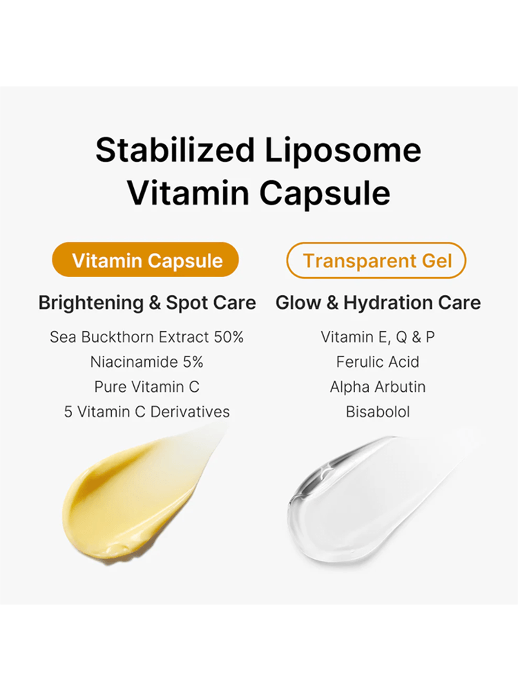 MEDICUBE Deep Vita C Capsule Cream ingredients, featuring vitamin capsules and clear gel for brightening and hydration.