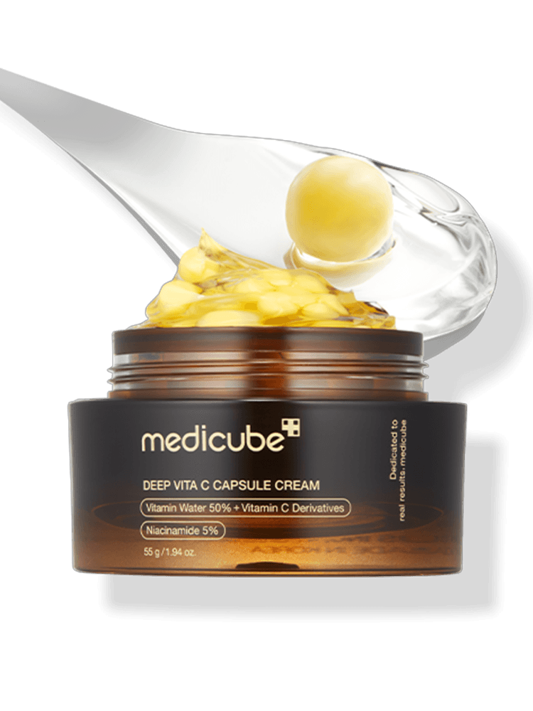 MEDICUBE Deep Vita C Capsule Cream 55g with vitamin capsules and gel texture for brightening and even skin tone.