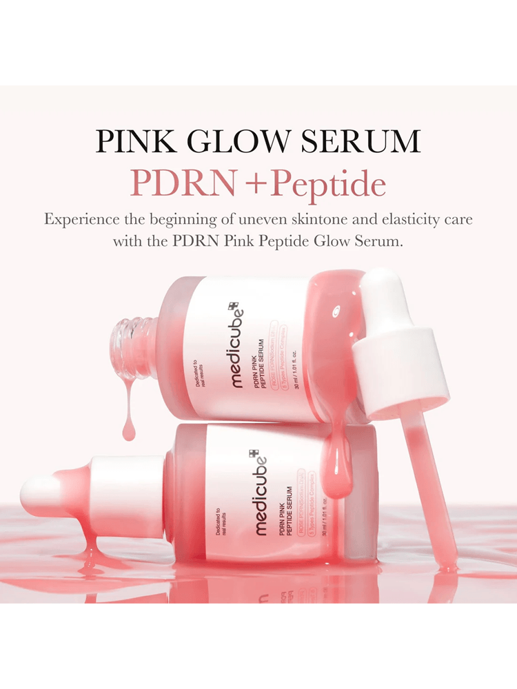 MEDICUBE PDRN Pink Peptide Serum bottles with pink serum dripping, promoting skin tone and elasticity care.