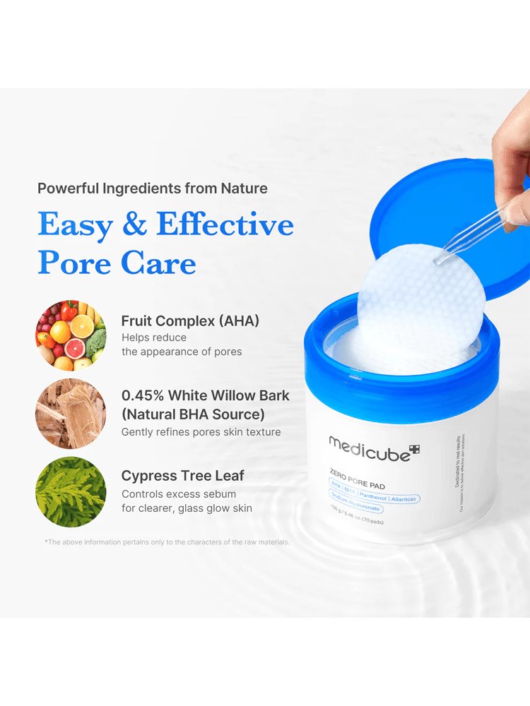 MEDICUBE Zero Pore Pad 2.0 155g product with dual-textured pad and natural ingredients for effective pore care.
