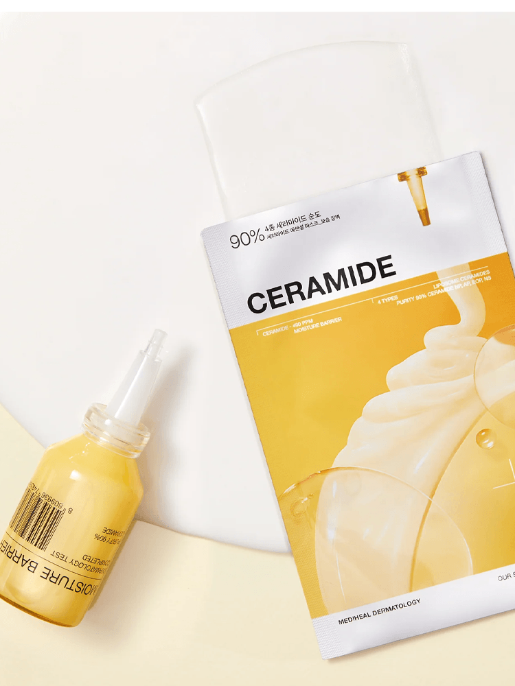 MEDIHEAL Ceramide Essential Mask Moisture Barrier 24ml showing ceramide-rich essence and mask packaging.