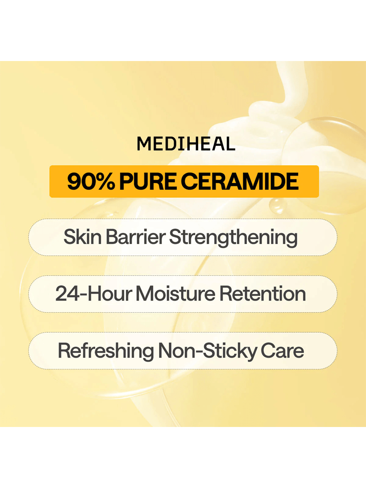 MEDIHEAL Ceramide Essential Mask Moisture Barrier highlights 90% Pure Ceramide, skin barrier strengthening, and 24-hour moisture retention.