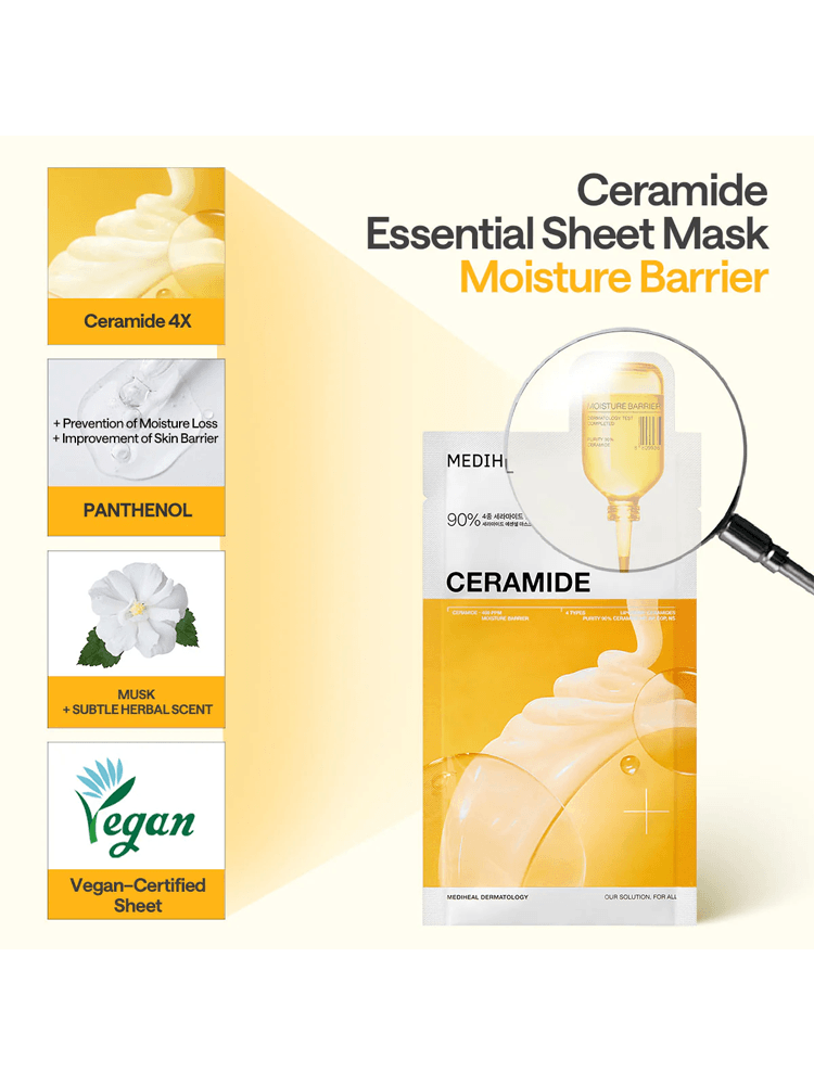 MEDIHEAL Ceramide Essential Mask Moisture Barrier packaging with ingredients highlighted for hydration support.