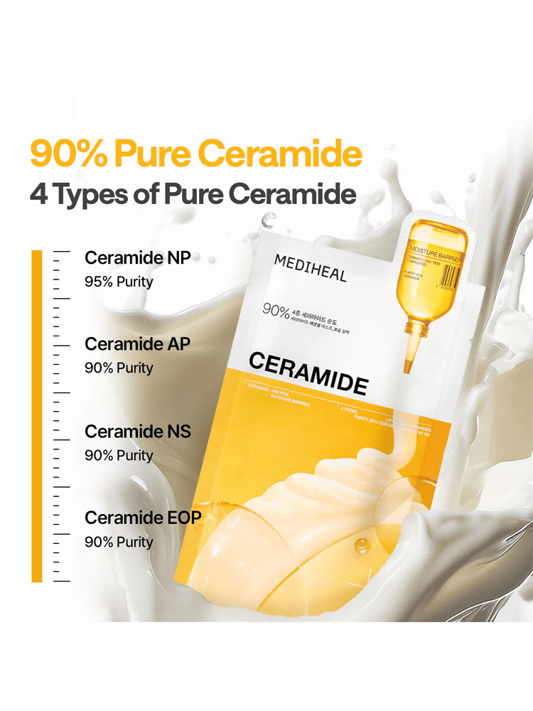 MEDIHEAL Ceramide Essential Mask Moisture Barrier with 90% Pure Ceramide and 4 types of ceramide for hydration.