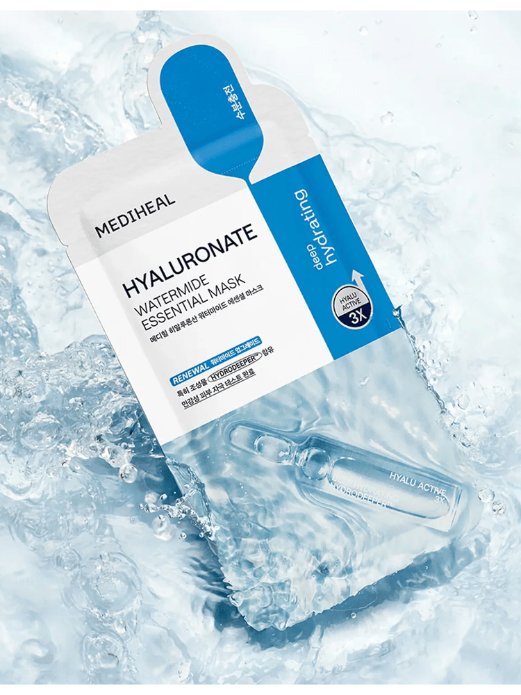 MEDIHEAL Hyaluronate Essential Mask Ultra Hydration packaging with water background for deep moisture and hydration.