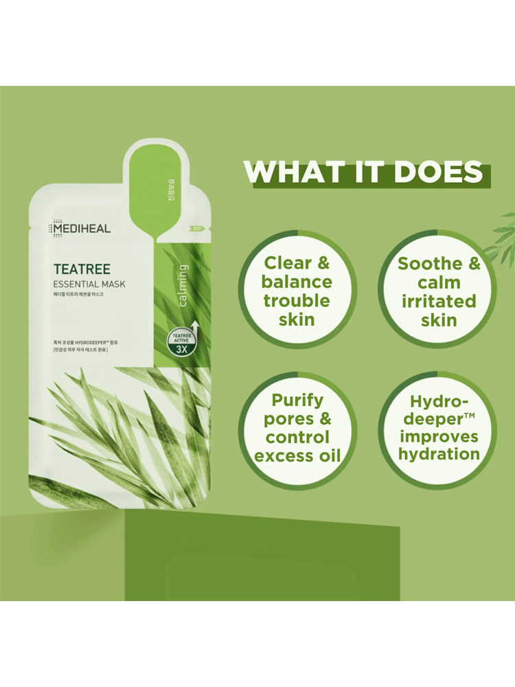MEDIHEAL Teatree Essential Mask Calming Barrie pack with benefits for oily, blemish-prone skin on green background.