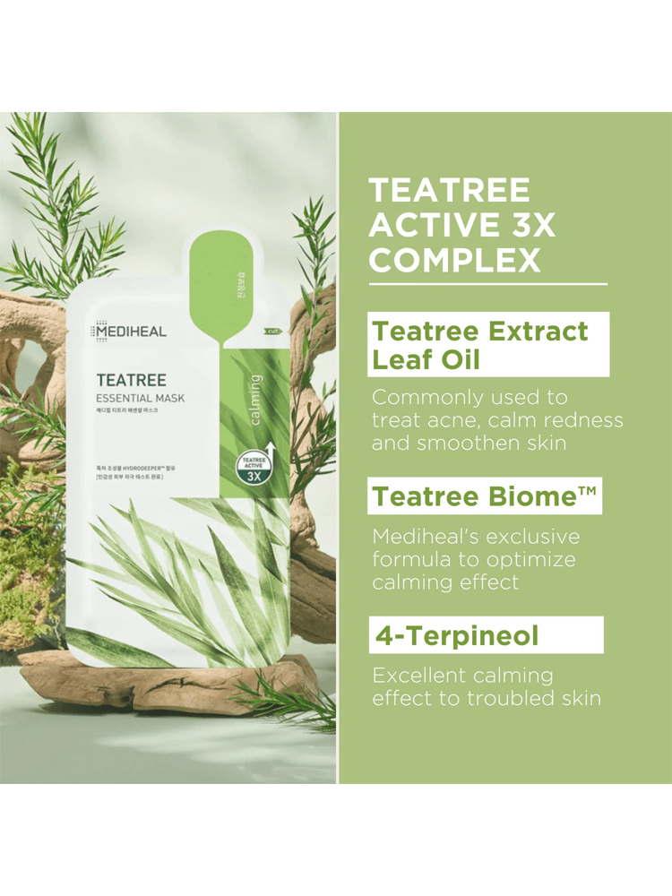 MEDIHEAL Teatree Essential Mask Calming Barrie featuring tea tree extract, calming ingredients, and nature-inspired design.