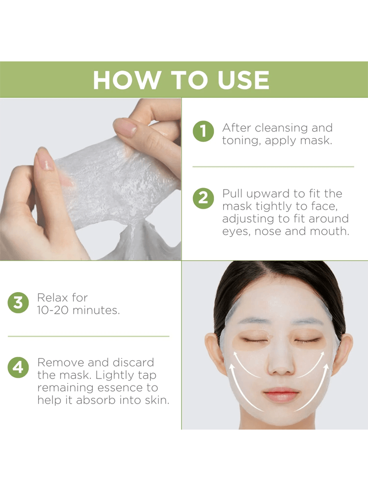 Step-by-step instructions for using MEDIHEAL Teatree Essential Mask Calming Barrie to achieve calm, clear skin.