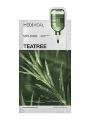 MEDIHEAL Teatree Essential Mask Calming Barrie packaging with tea tree leaves and serum bottle design.