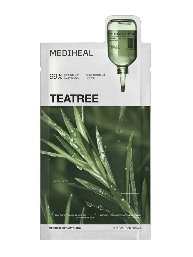 MEDIHEAL Teatree Essential Mask Calming Barrie packaging with tea tree leaves and serum bottle design.