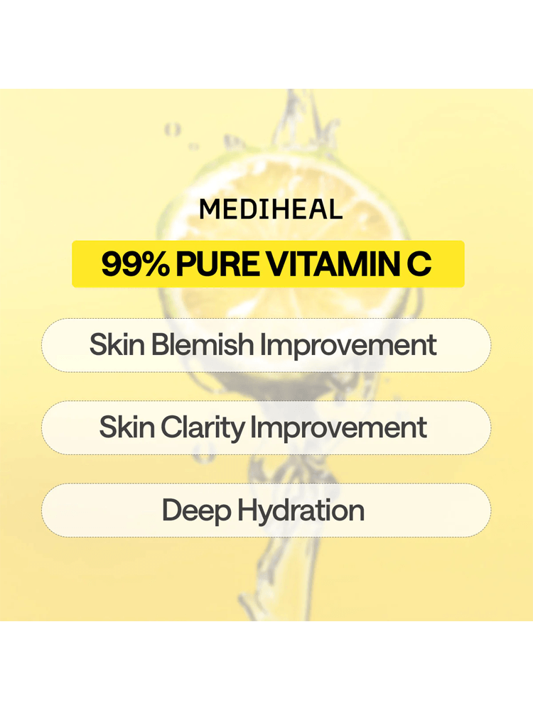 MEDIHEAL Vitamin C Essential Mask Clear Toning with 99% pure Vitamin C for skin improvement and hydration.