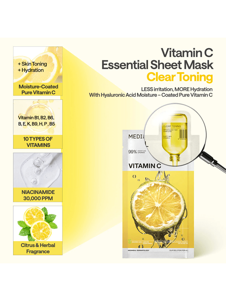MEDIHEAL Vitamin C Essential Mask Clear Toning packaging with vitamin graphics and hydration benefits.