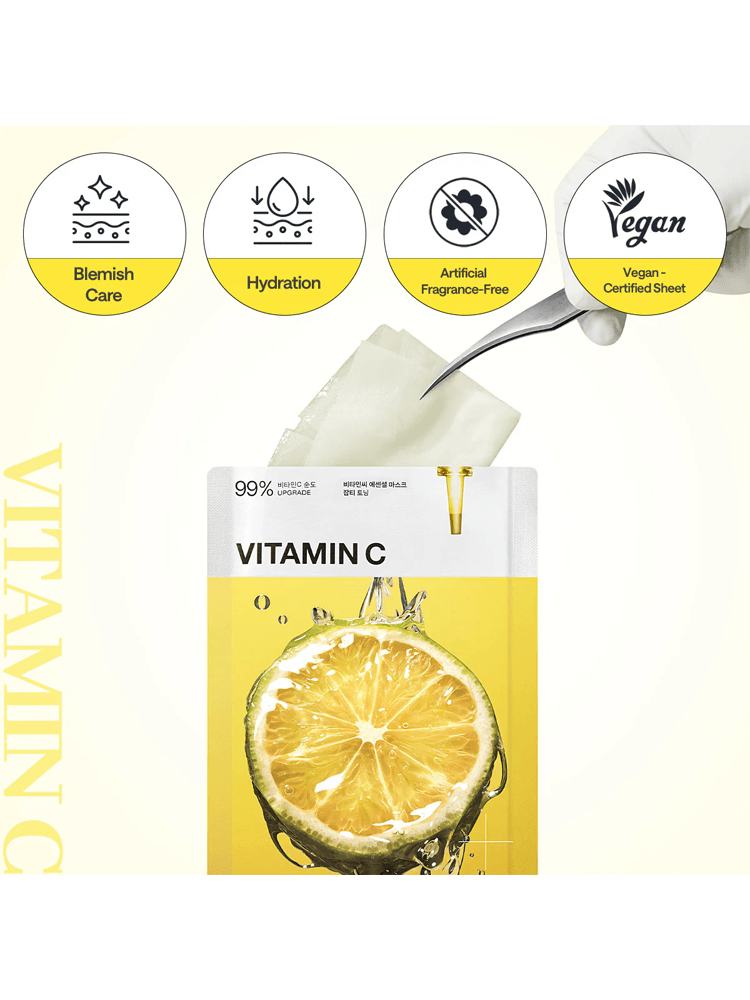 MEDIHEAL Vitamin C Essential Mask Clear Toning packaging with lemon, highlighting hydration and blemish care features.