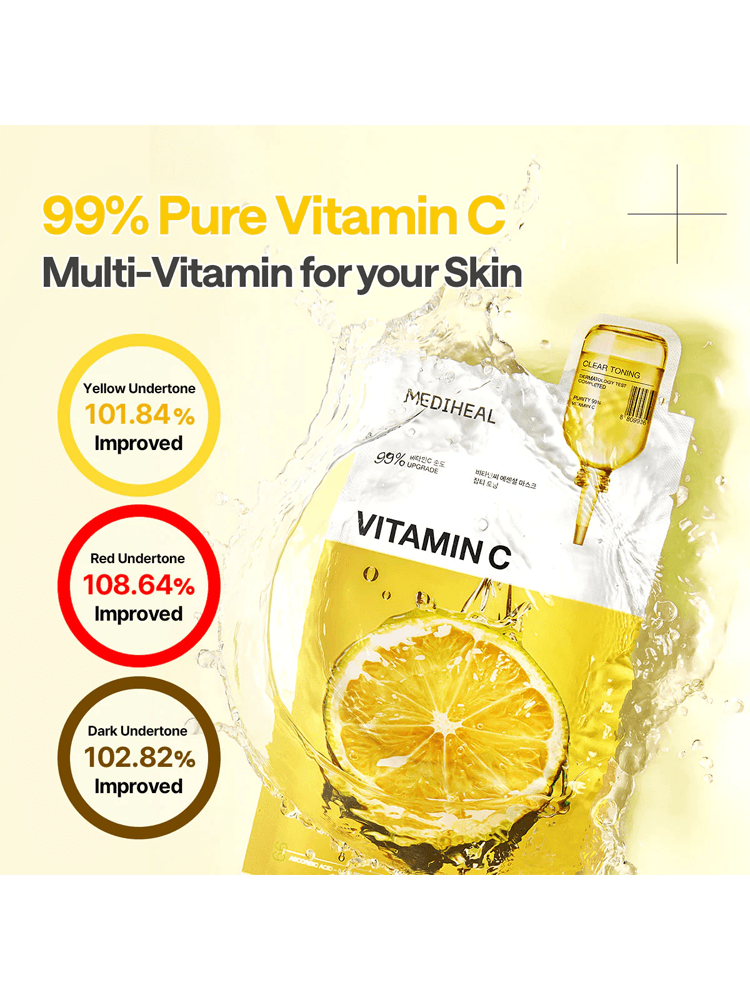 MEDIHEAL Vitamin C Essential Mask Clear Toning with lemon visuals and vitamin improvement stats.