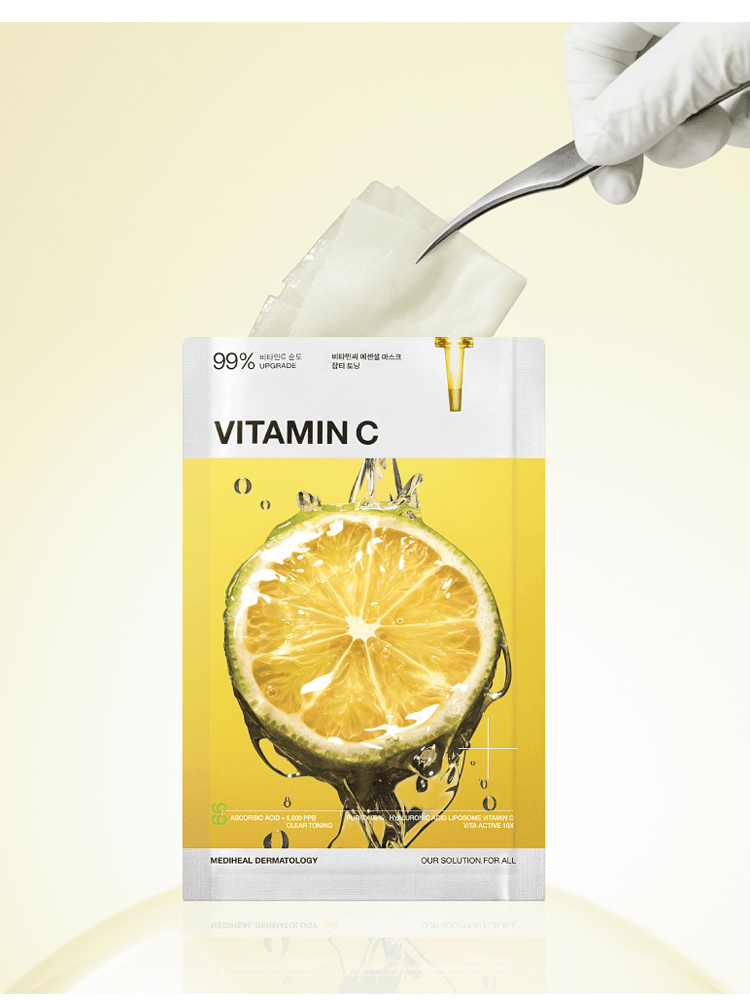 MEDIHEAL Vitamin C Essential Mask Clear Toning showcases bright lemon graphics with a vegan sheet being lifted.