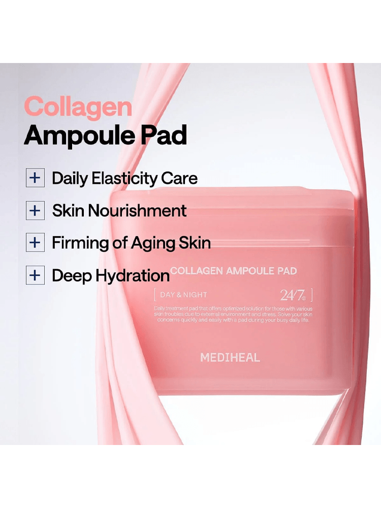 MEDIHEAL Collagen Ampoule Pad highlighting daily elasticity care, skin nourishment, firming of aging skin, deep hydration