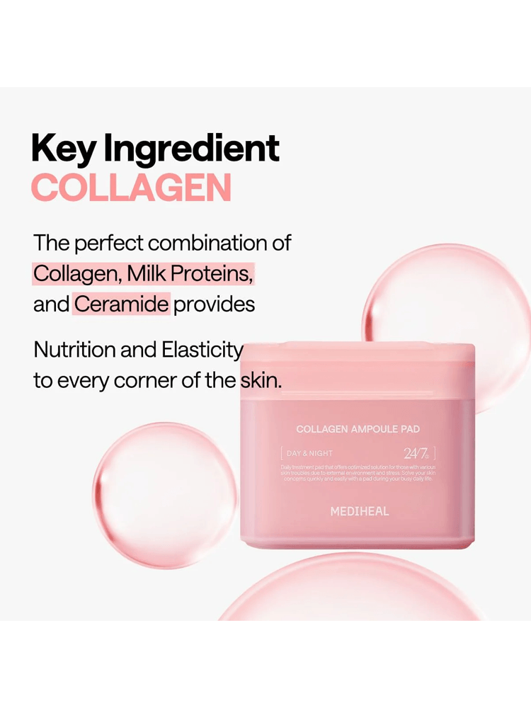 MEDIHEAL Collagen Ampoule Pad showcasing collagen, milk proteins, and ceramide for skin nutrition and elasticity.