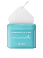 MEDIHEAL Madecassoside Blemish Pad in a blue container with pads for blemish-prone skin care.