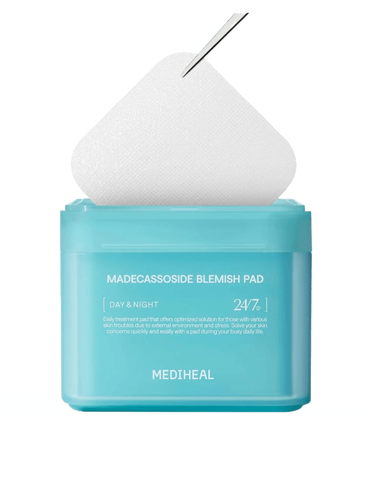 MEDIHEAL Madecassoside Blemish Pad in a blue container with pads for blemish-prone skin care.