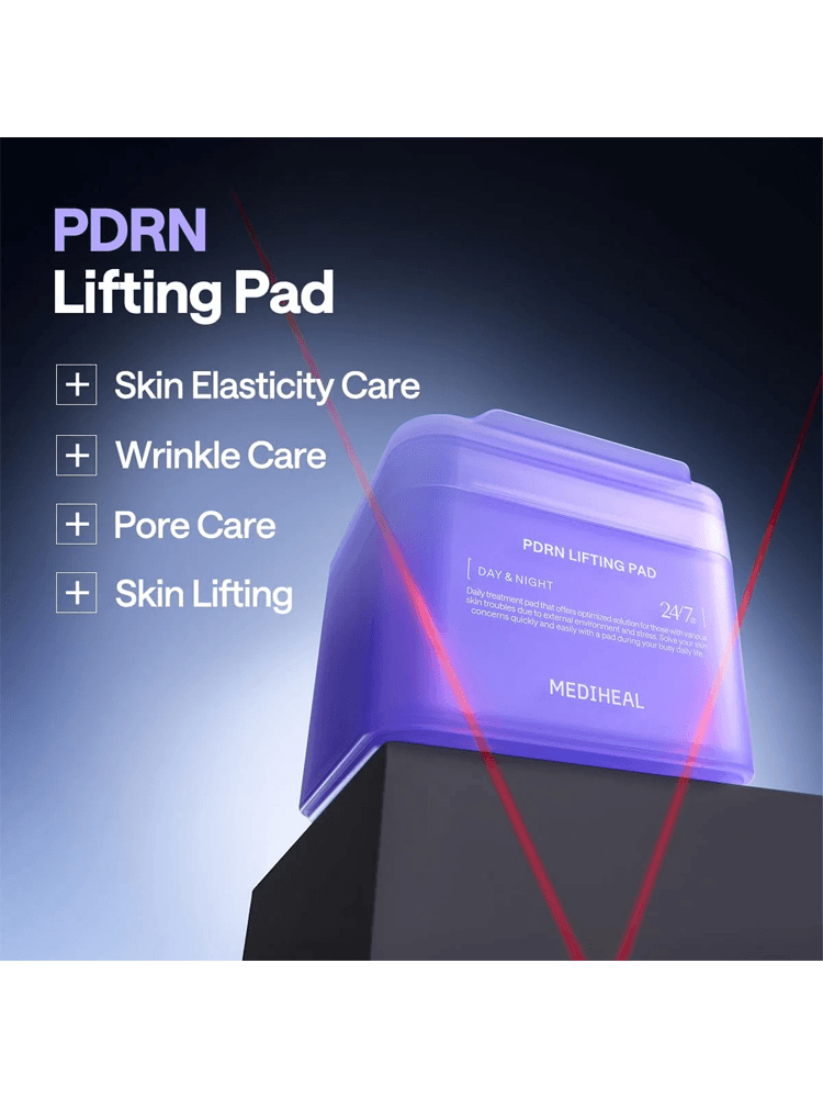 MEDIHEAL PDRN Lifting Pad with benefits for skin elasticity, wrinkle care, pore care, and skin lifting.