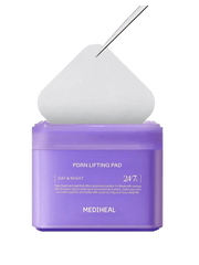 MEDIHEAL PDRN Lifting Pad with lifting pad being lifted from the jar for skin hydration and rejuvenation.