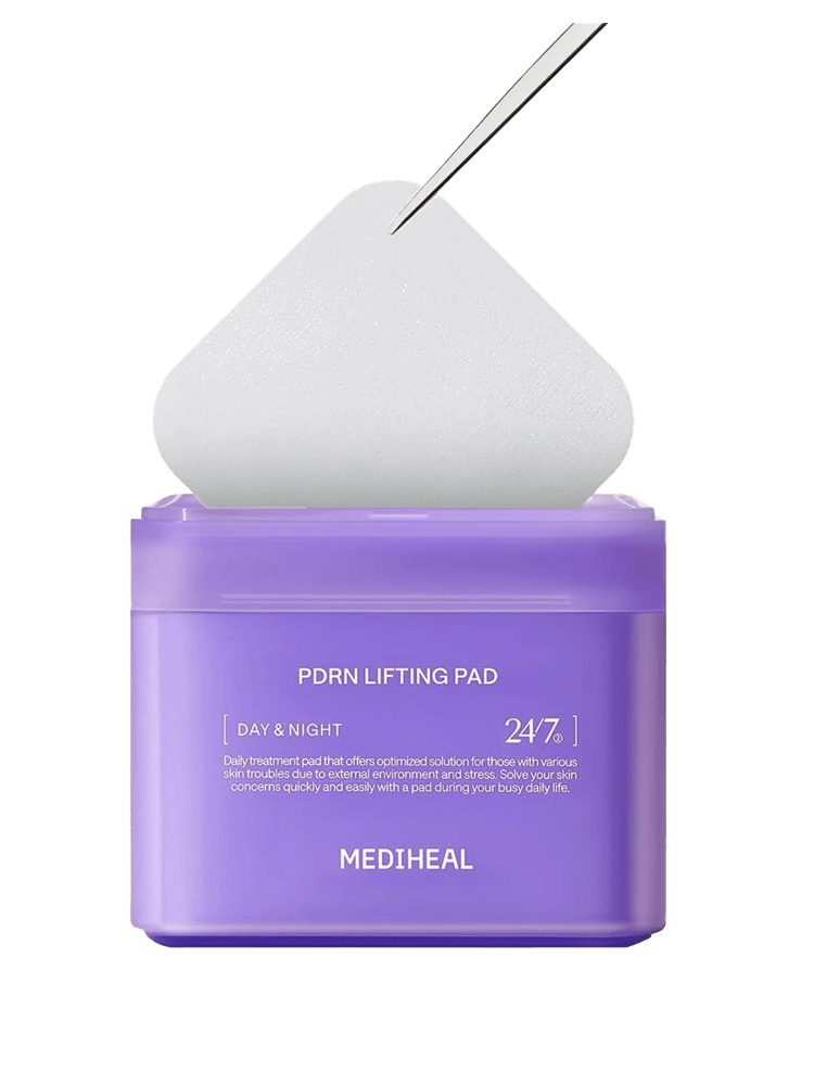 MEDIHEAL PDRN Lifting Pad with lifting pad being lifted from the jar for skin hydration and rejuvenation.
