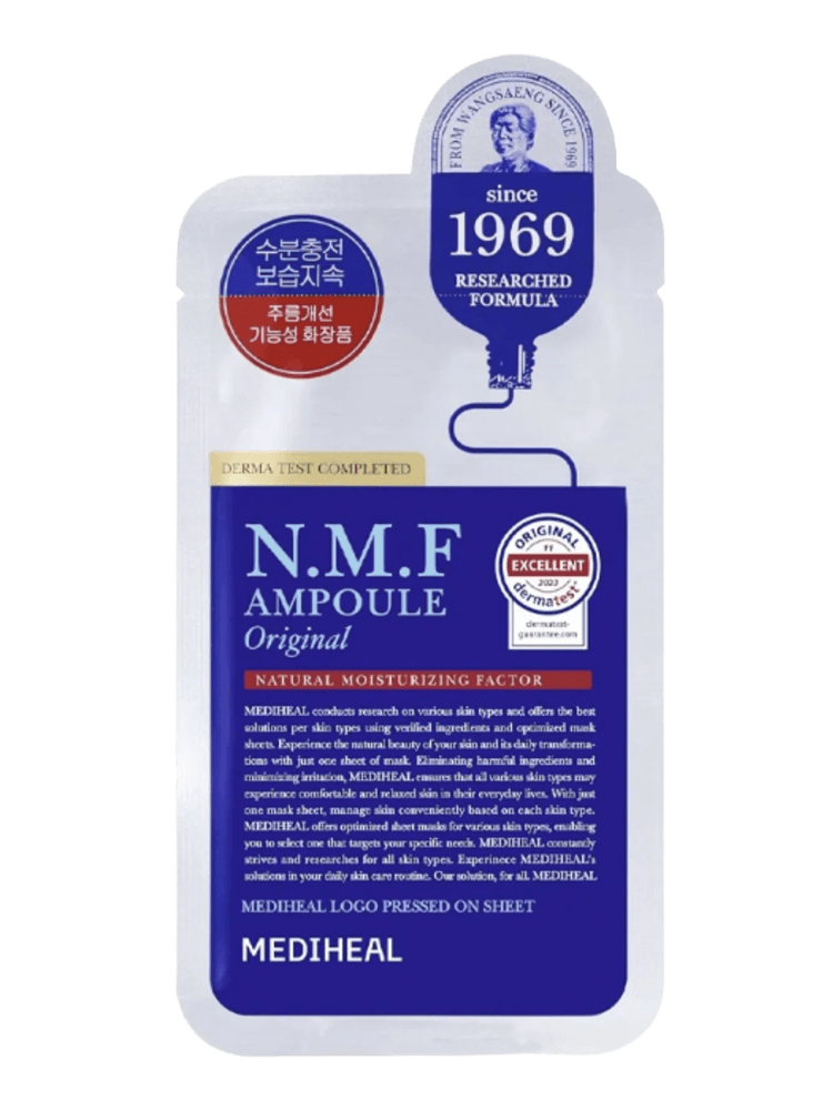 MEDIHEAL THE N.M.F Ampoule Mask packaging showcasing the Natural Moisturising Factors for hydration.